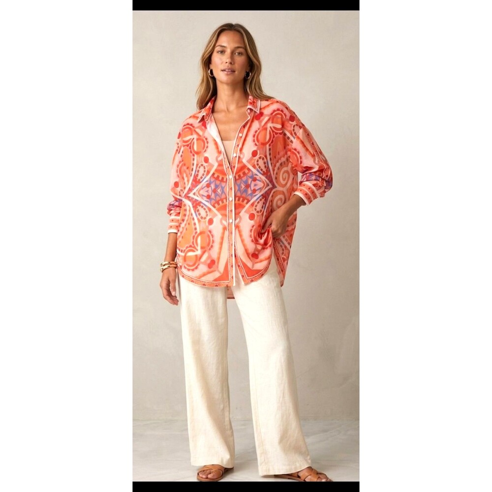 Her.. Bottari Geometric Scarf Print Button Down Shirt - Size M - Lightweight...
